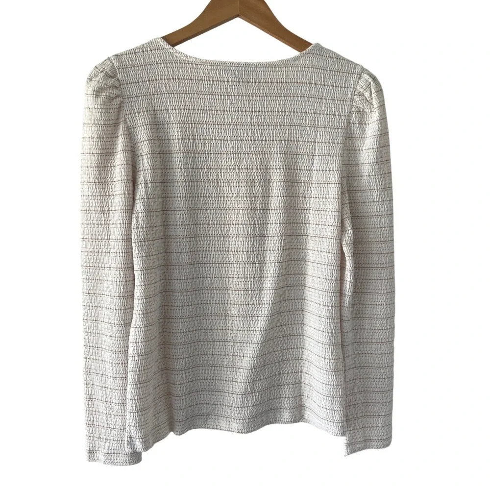 LOFT Smocked Metallic Striped Square Neck Puff Sleeve Top White Brown Gold L New